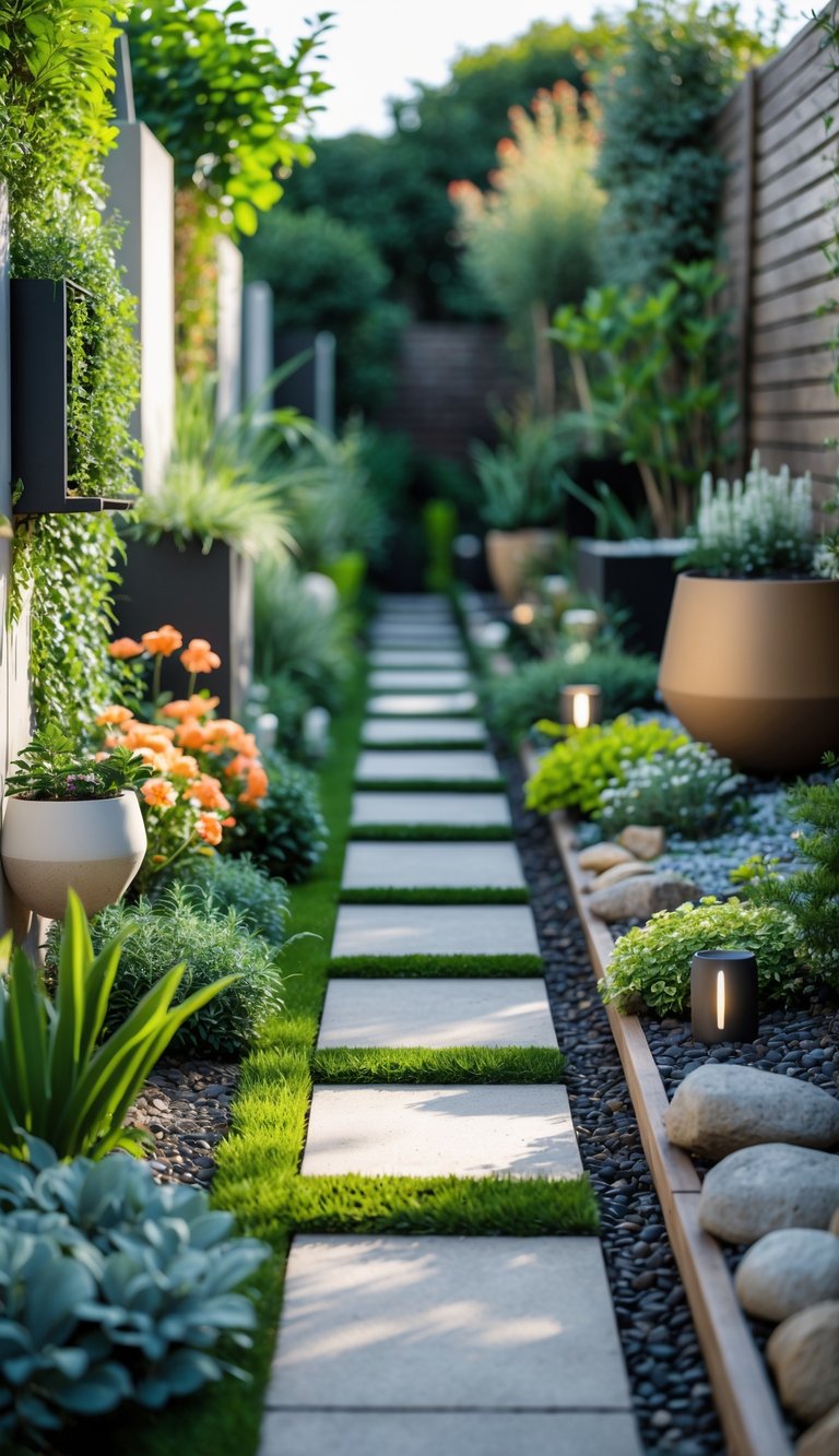 A narrow garden pathway lined with diverse plants, flowers, and garden decorations extending into the distance.